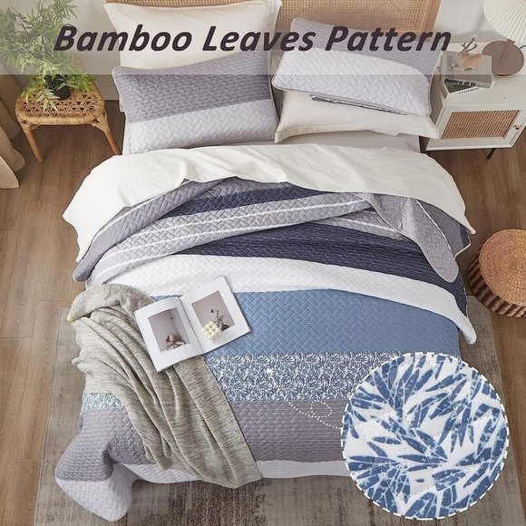 New Boho Blue & Grey 3 PC Bedding 100% Polyester Quilt Set • Reversible • KING - Picture 3 of 8